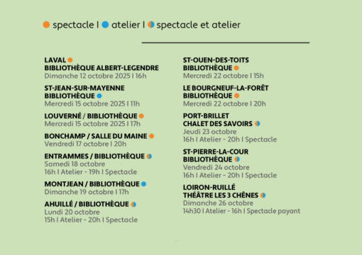 dates de la tournée : LAVAL BIBLIOTHÈQUE ALBERT-LEGENDRE Dimanche 12 octobre 2025 16h, ST-JEAN-SUR-MAYENNE BIBLIOTHÈQUE Mercredi 15 octobre 2025 11h, LOUVERNÉ BIBLIOTHÈQUE Mercredi 15 octobre 2025 17h, BONCHAMP  SALLE DU MAINE Vendredi 17 octobre 20h, ENTRAMMES BIBLIOTHÈQUE Samedi 18 octobre 16h Atelier 19h Spectacle, MONTJEAN BIBLIOTHÈQUE Dimanche 19 octobre 17h, AHUILLÉ BIBLIOTHÈQUE Lundi 20 octobre 15h Atelier 20h Spectacle, ST-OUEN-DES-TOITS BIBLIOTHÈQUE Mercredi 22 octobre 15h, LE BOURGNEUF-LA-FORÊT BIBLIOTHÈQUE Mercredi 22 octobre 20h, PORT-BRILLET Salle du Maine Jeudi 23 octobre 16h Atelier 20h Spectacle, ST-PIERRE-LA-COUR BIBLIOTHÈQUE Vendredi 24 octobre 16h Atelier 20h Spectacle, LOIRON-RUILLÉ THÉÂTRE LES 3 CHÊNES Dimanche 26 octobre 14h30  Atelier 16h Spectacle payant